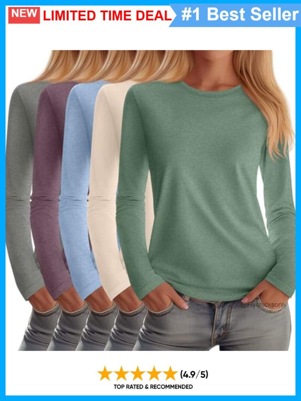 5 Pack Women's Crew Neck Long Sleeve Cotton Blend T-Shirts